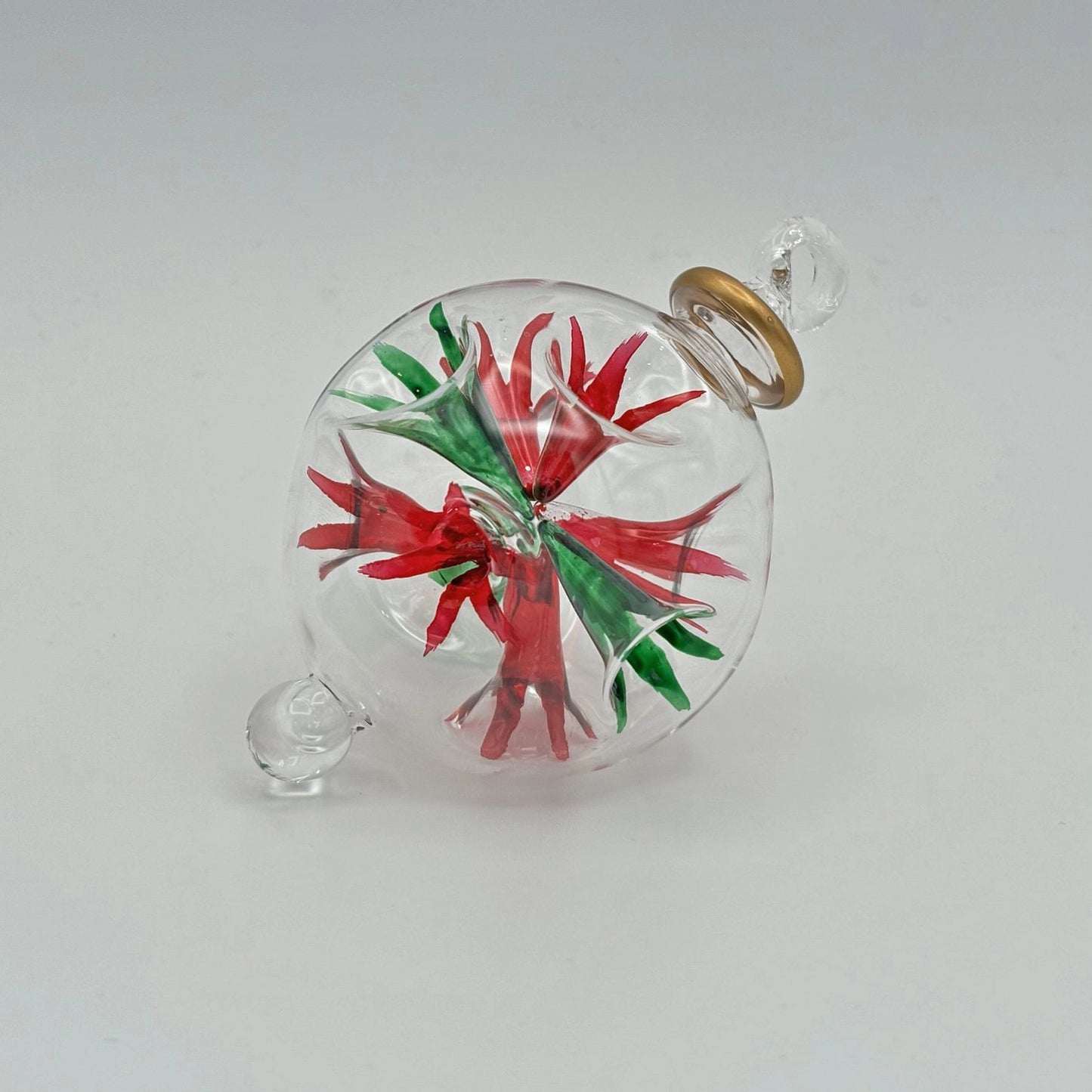 Hand-Blown Glass Small Ornament – Red + Green Blossoms