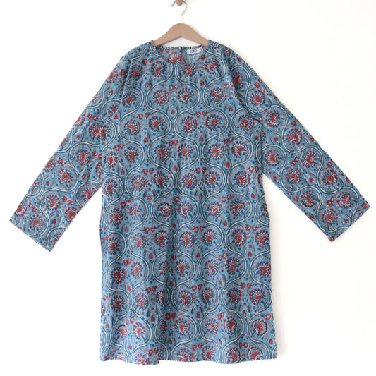 Hand-Block Printed Cotton Mini Dress – Blue Floral