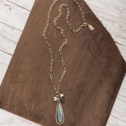 Blue Calcite Long Necklace with Paperclip Chain