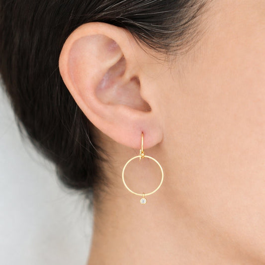 14k Gold ‘Open Circle with Diamond’ Dangle Earrings