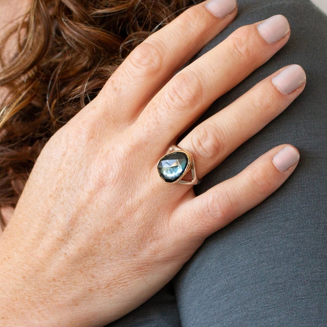 Sterling Silver, 14k Gold + London Blue Topaz ‘Cleo’ Cocktail Ring