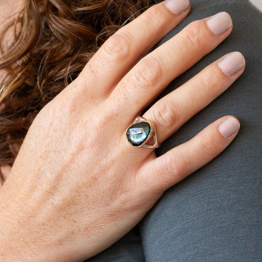 Sterling Silver, 14k Gold + London Blue Topaz ‘Cleo’ Cocktail Ring