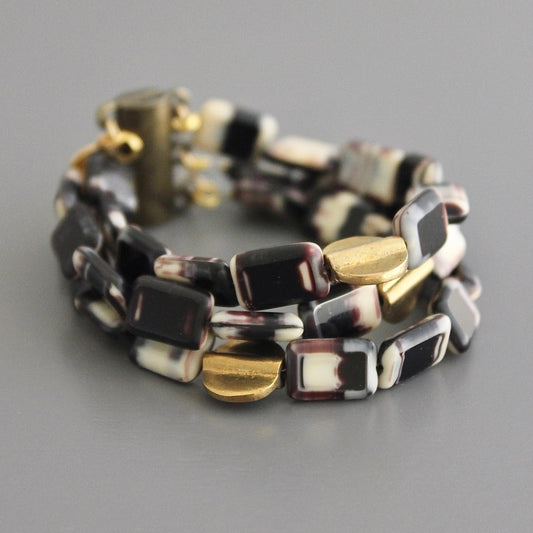 Glass + Brass Triple Strand Bracelet