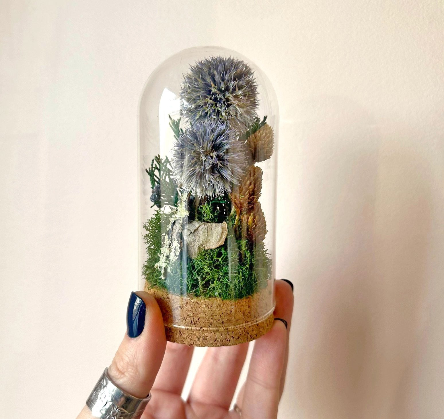 Large Dried Botanical Glass Cloche Terrarium - Blue Florals
