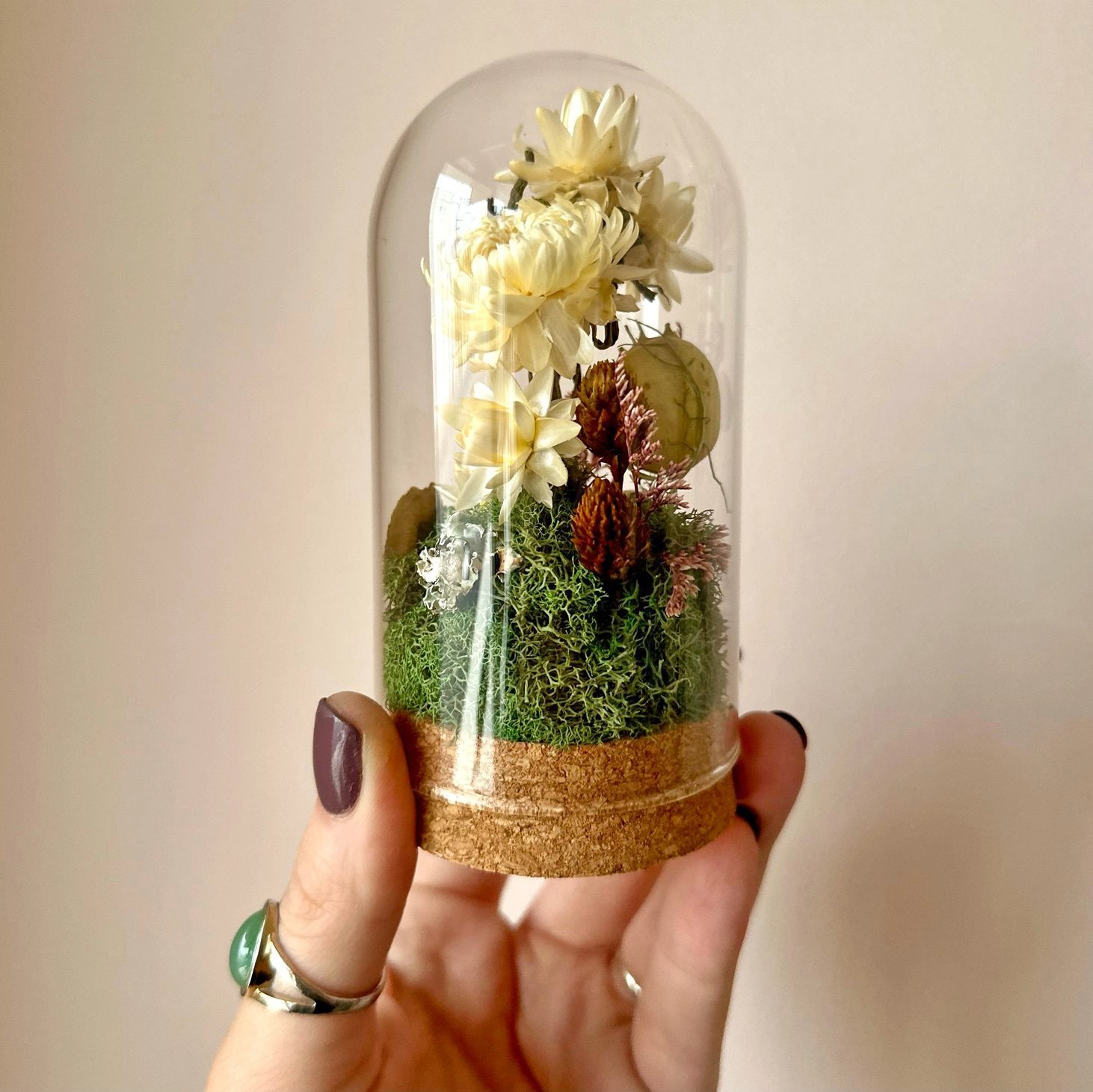 Large Dried Botanical Glass Cloche Terrarium - White Florals