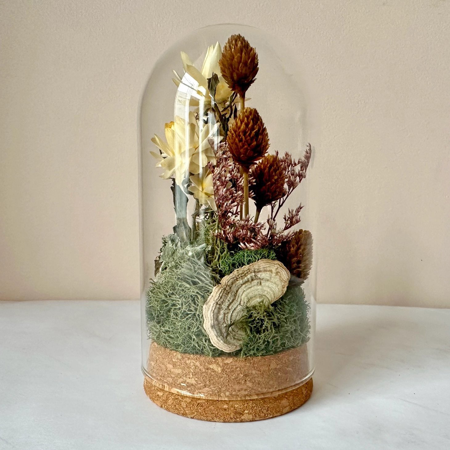 Large Dried Botanical Glass Cloche Terrarium - White Florals