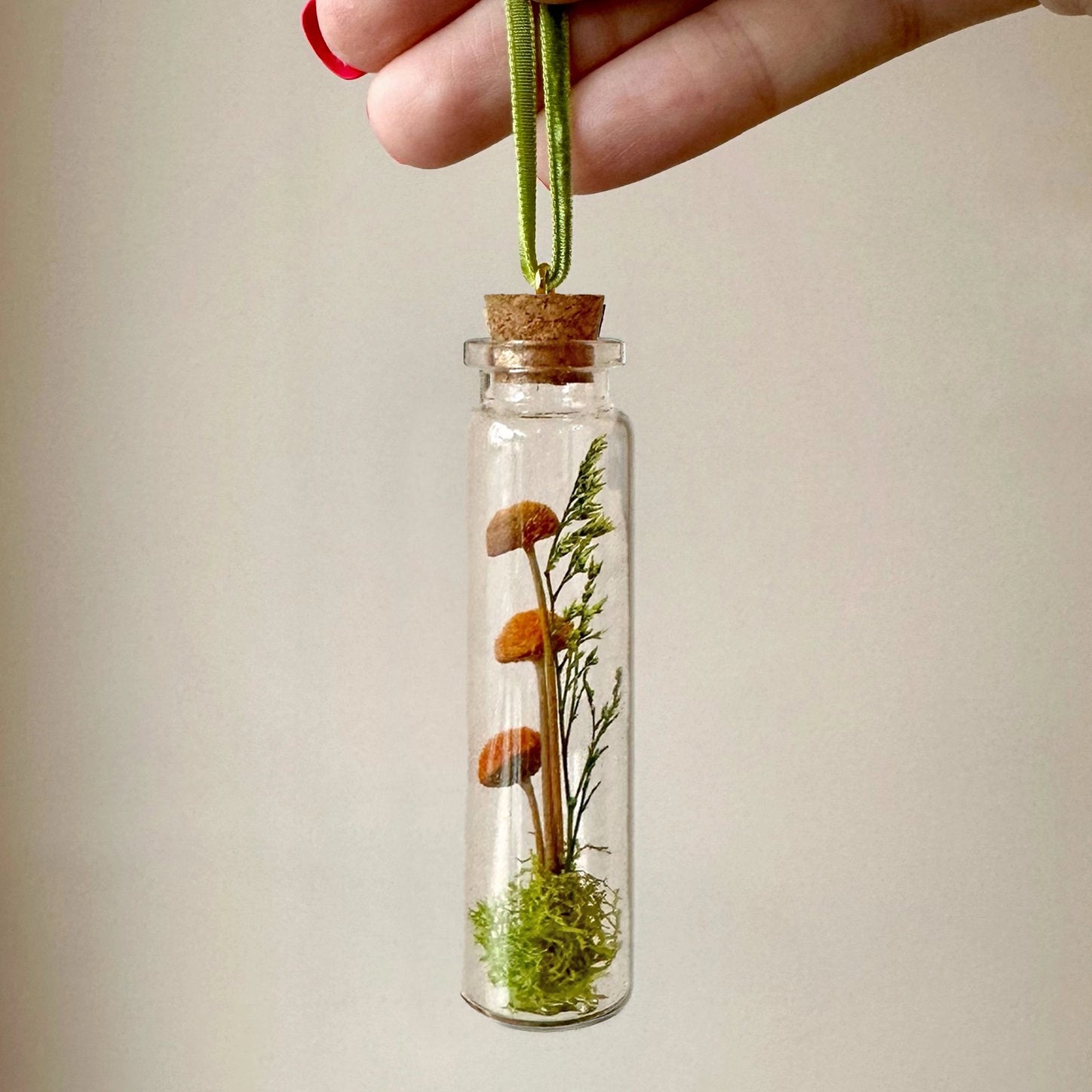 Mini Glass Terrarium Christmas Ornament - Orange Mushroom Fields