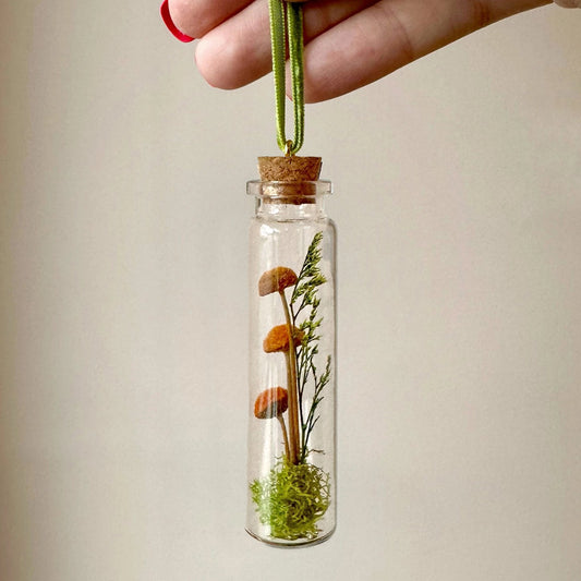 Mini Glass Terrarium Christmas Ornament - Orange Mushroom Fields