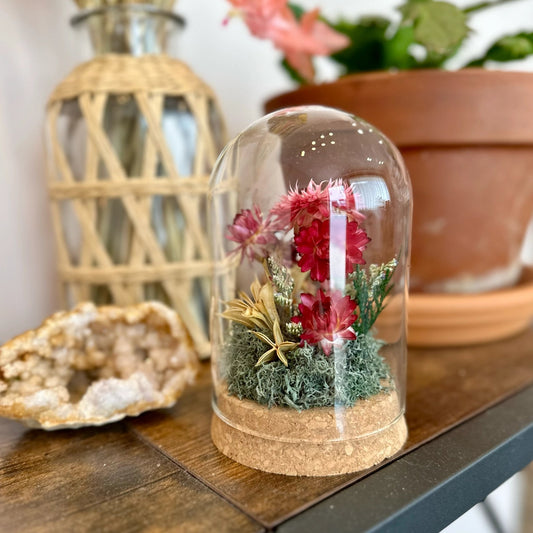 Pink Strawflower Fields Glass Cloche Terrarium - Short