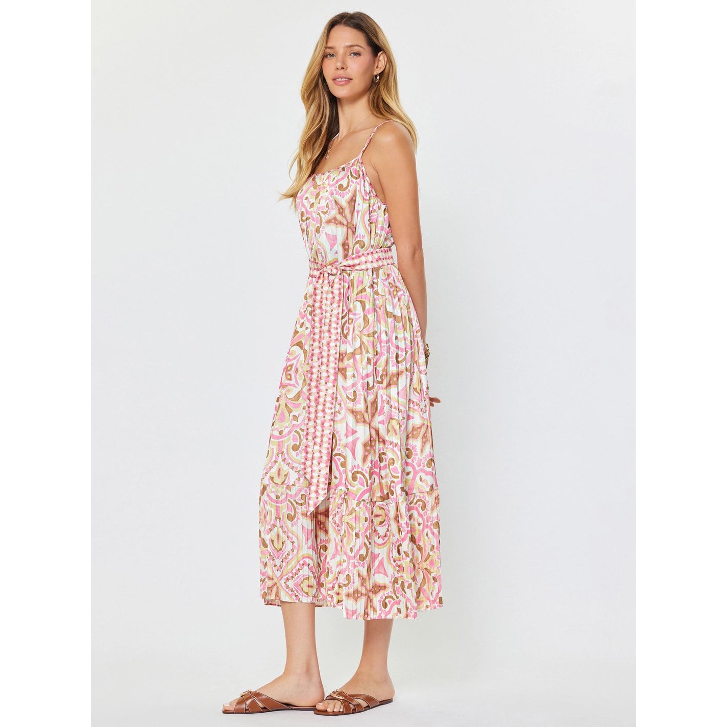 Printed Cami Midi Dress – Pink/Brown