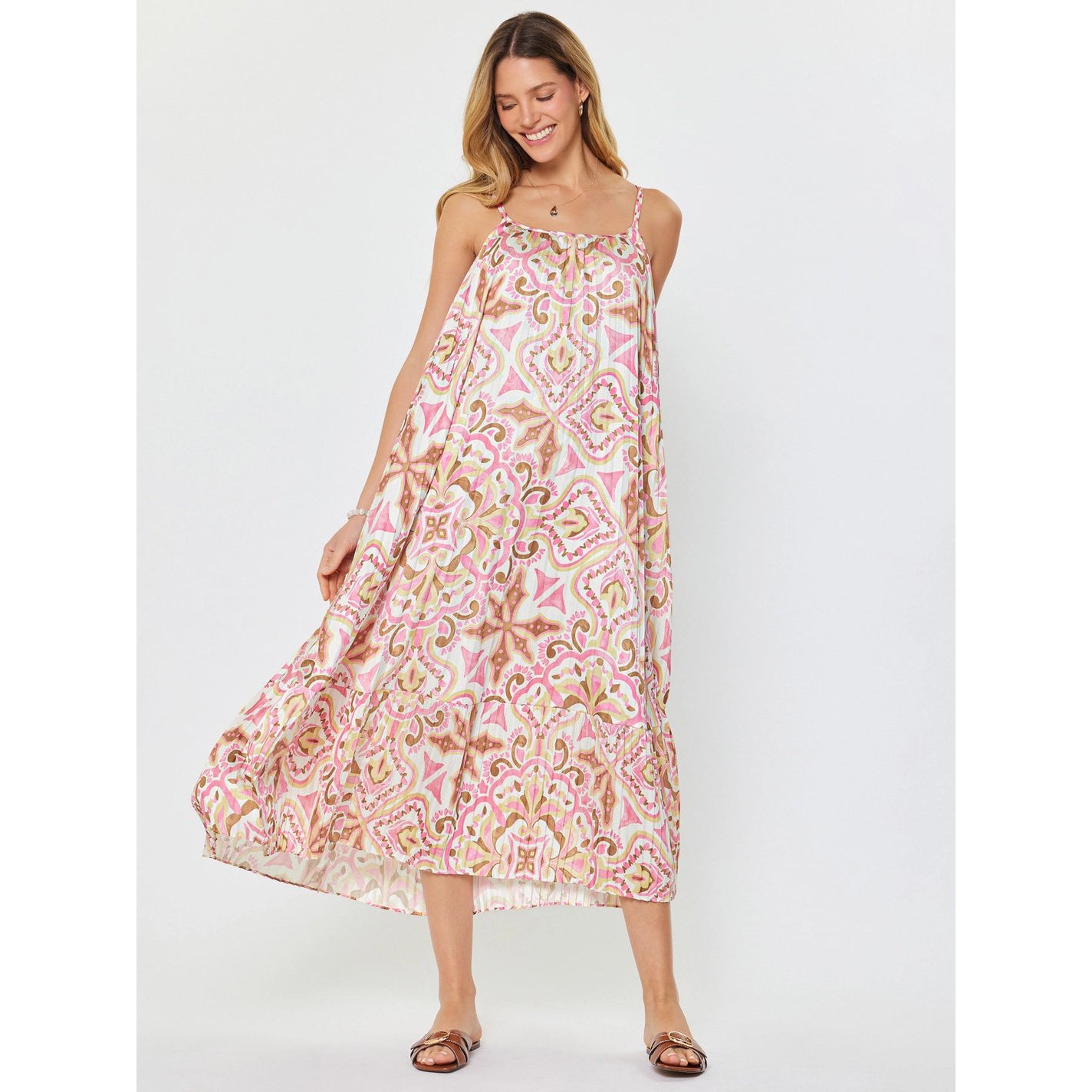 Printed Cami Midi Dress – Pink/Brown