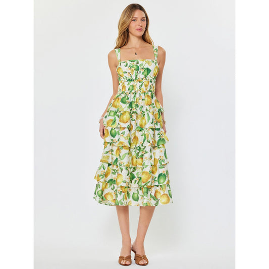 Lemon Printed Tiered Sleeveless Midi Dress