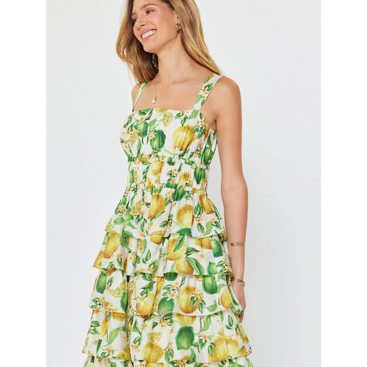 Lemon Printed Tiered Sleeveless Midi Dress