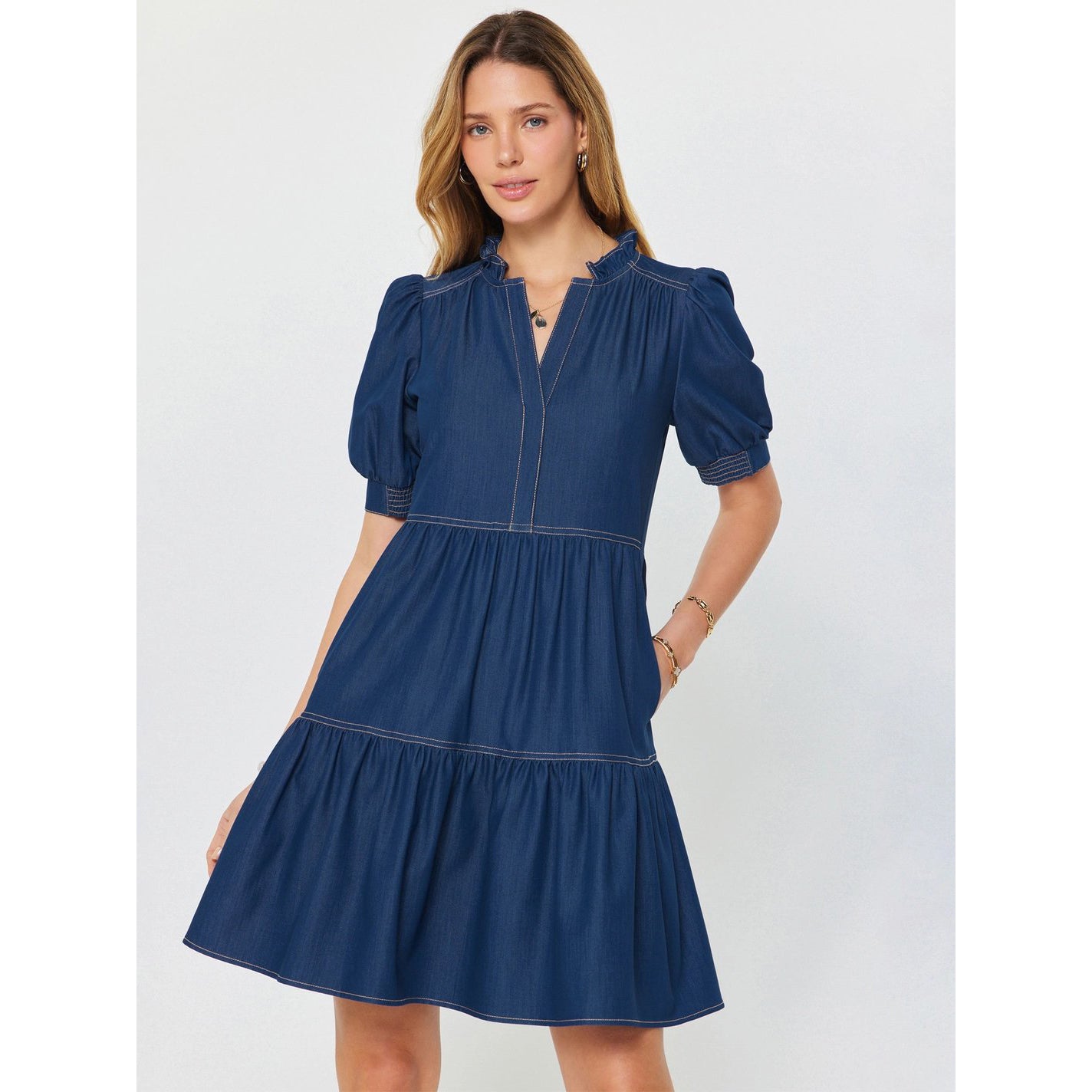 Denim Tiered Short Sleeve Mini Dress - Indigo
