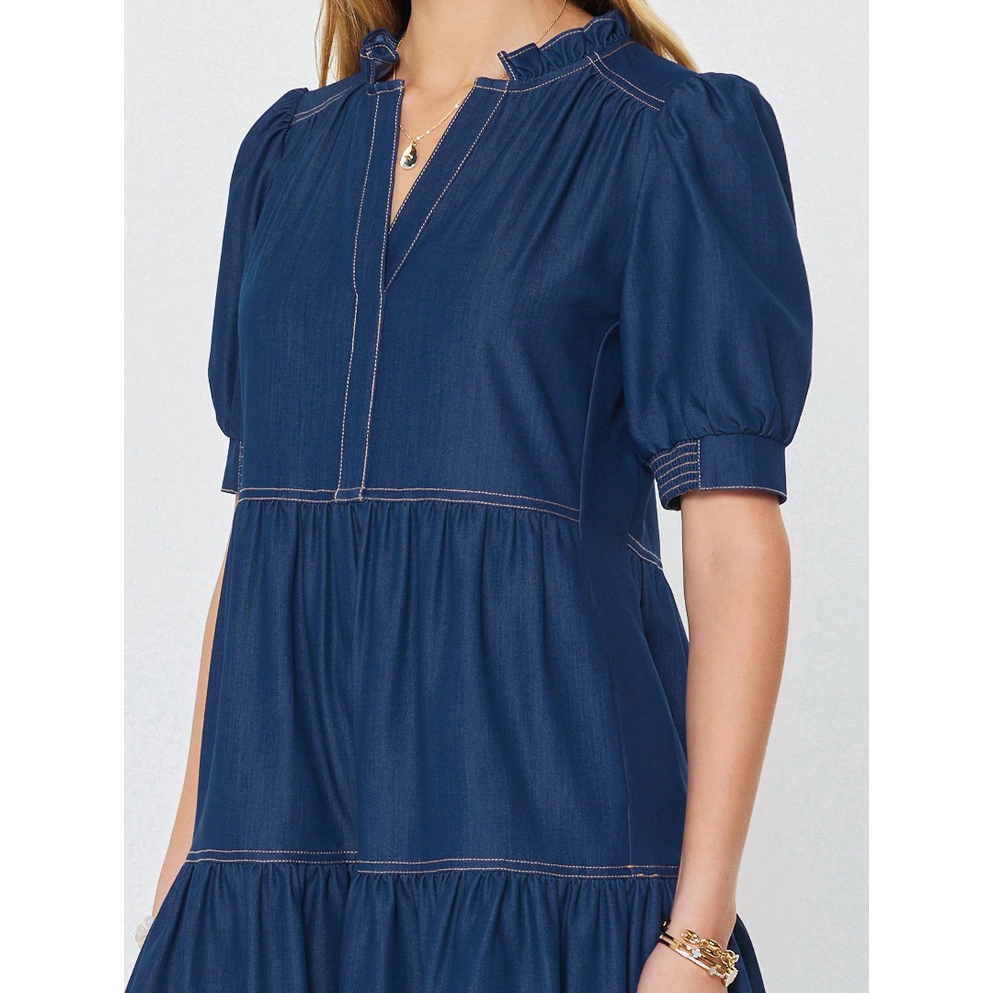 Denim Tiered Short Sleeve Mini Dress - Indigo