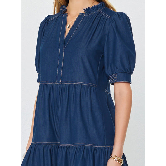 Denim Tiered Short Sleeve Mini Dress - Indigo