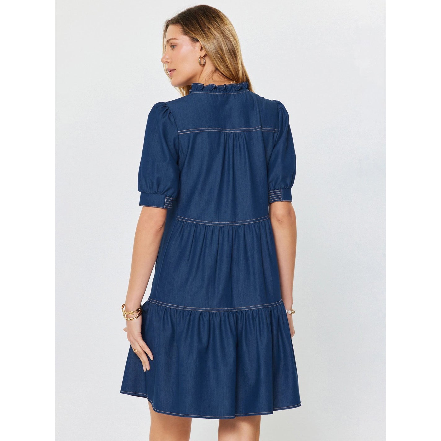 Denim Tiered Short Sleeve Mini Dress - Indigo