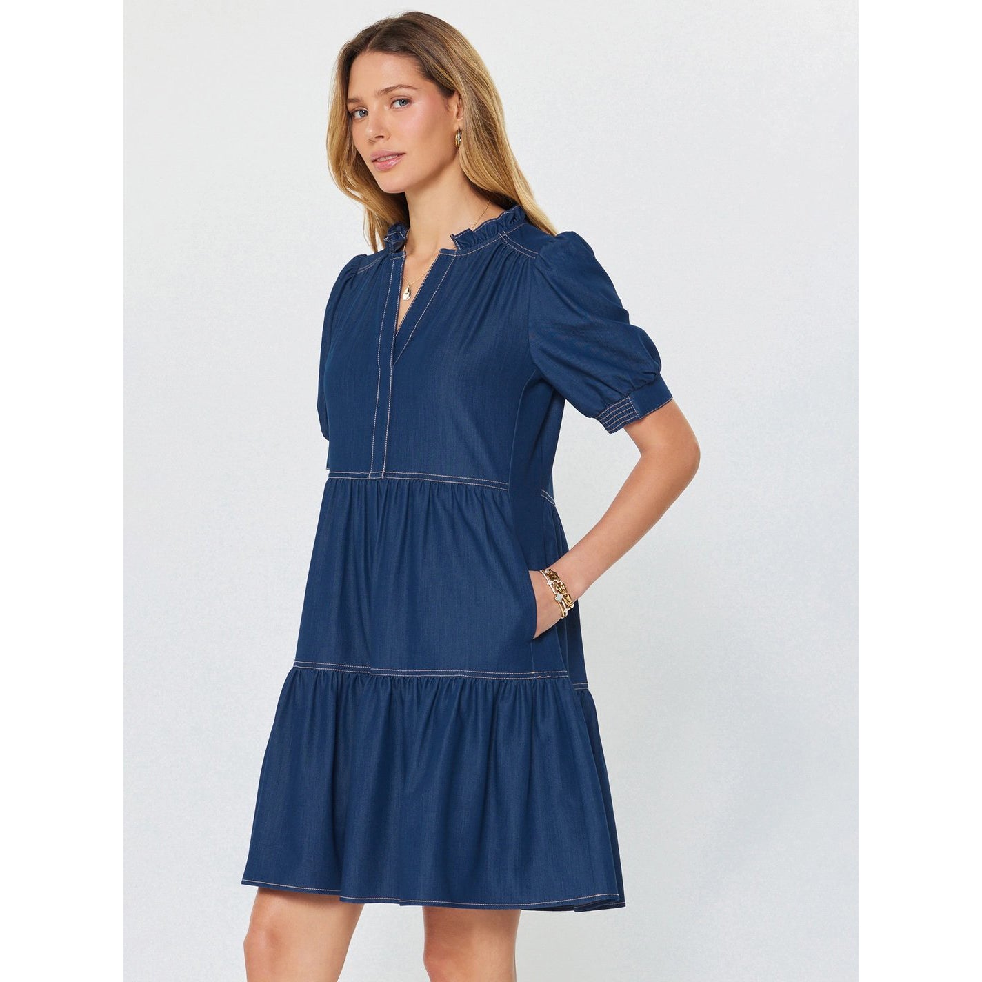 Denim Tiered Short Sleeve Mini Dress - Indigo