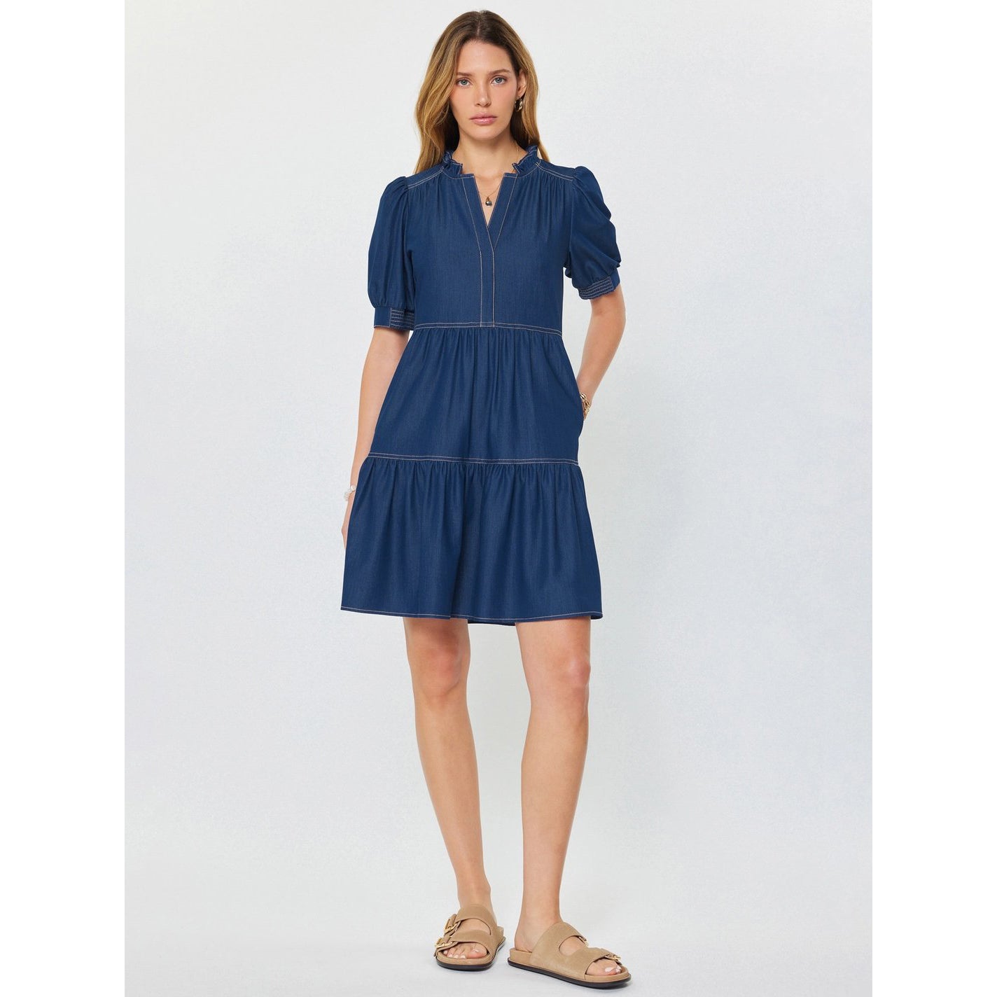 Denim Tiered Short Sleeve Mini Dress - Indigo