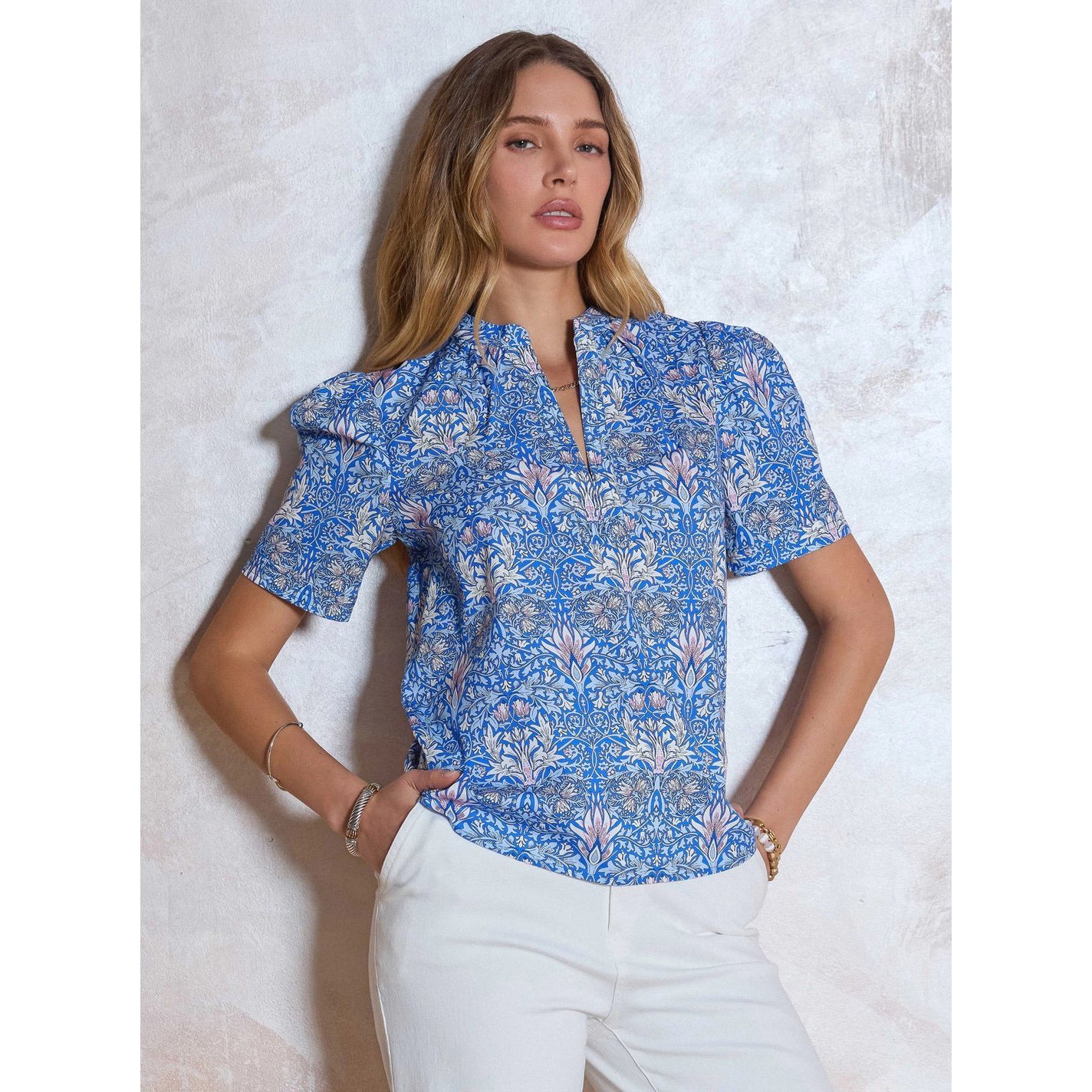 Printed Puff Short Sleeve Blouse – Blue Multi