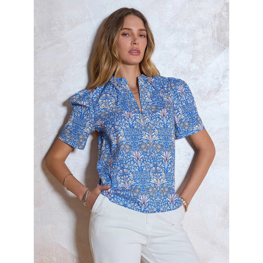 Printed Puff Short Sleeve Blouse – Blue Multi