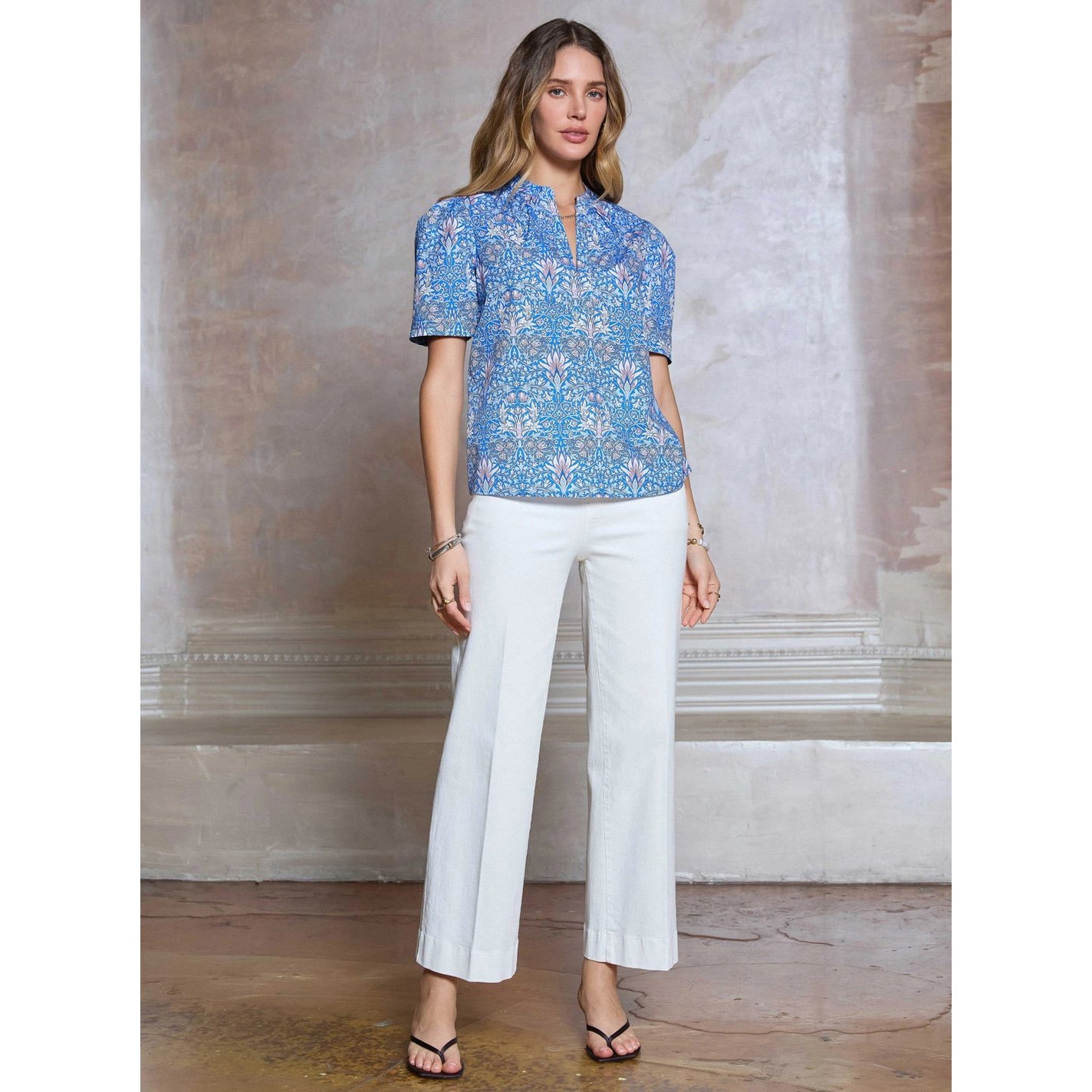 Printed Puff Short Sleeve Blouse – Blue Multi
