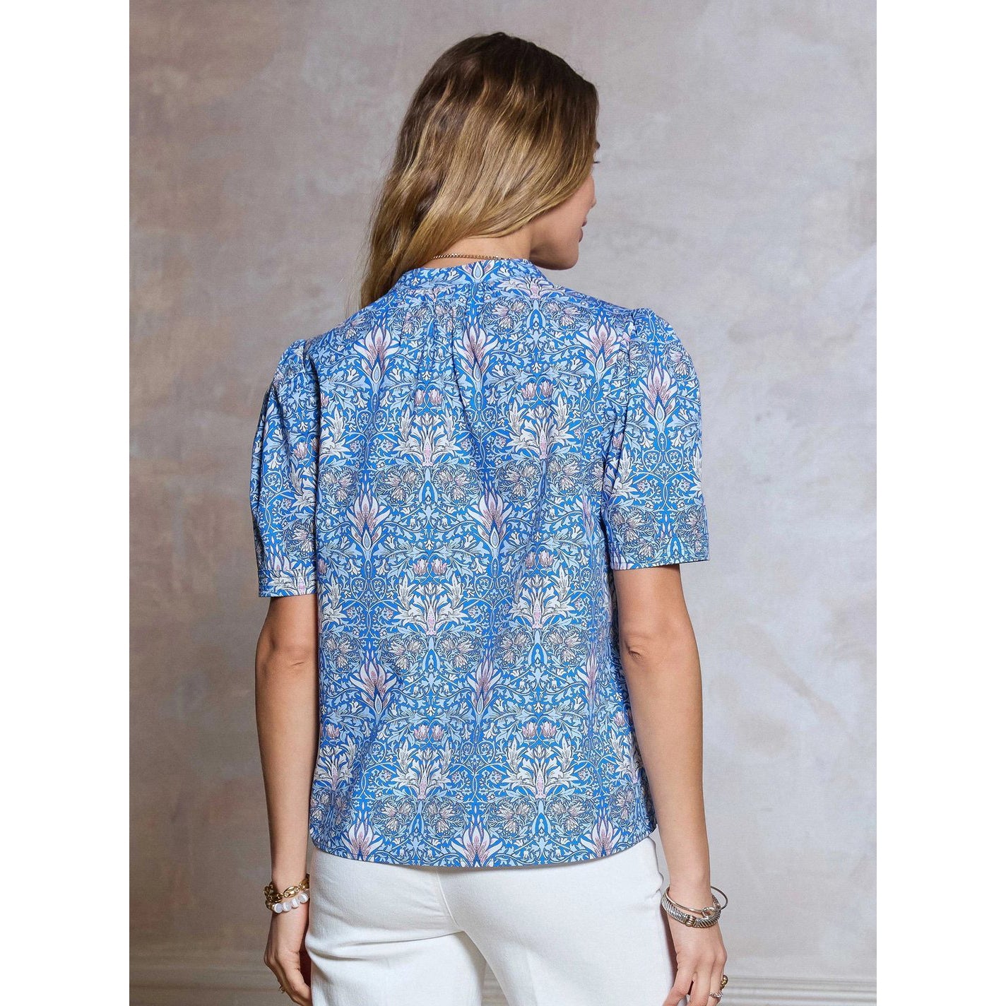 Printed Puff Short Sleeve Blouse – Blue Multi