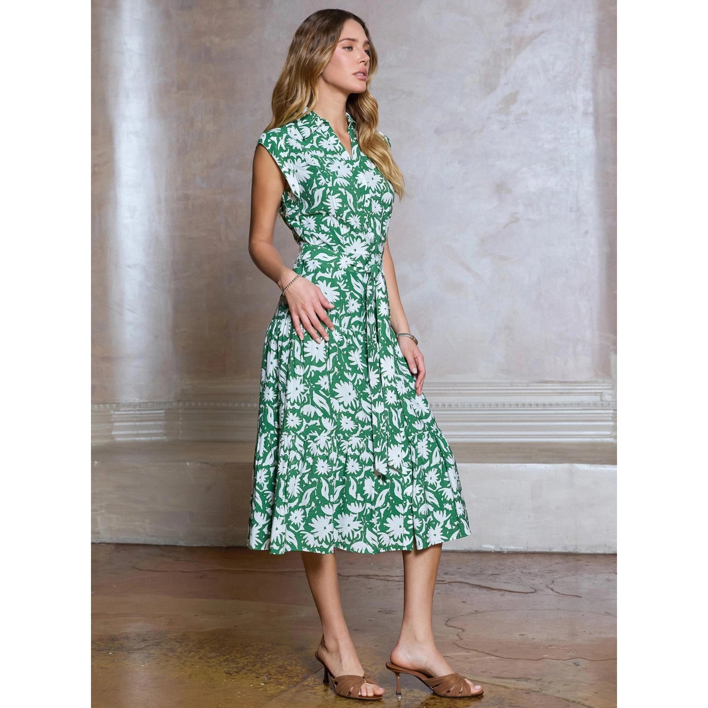 Floral Printed Button Down Midi Dress – Green