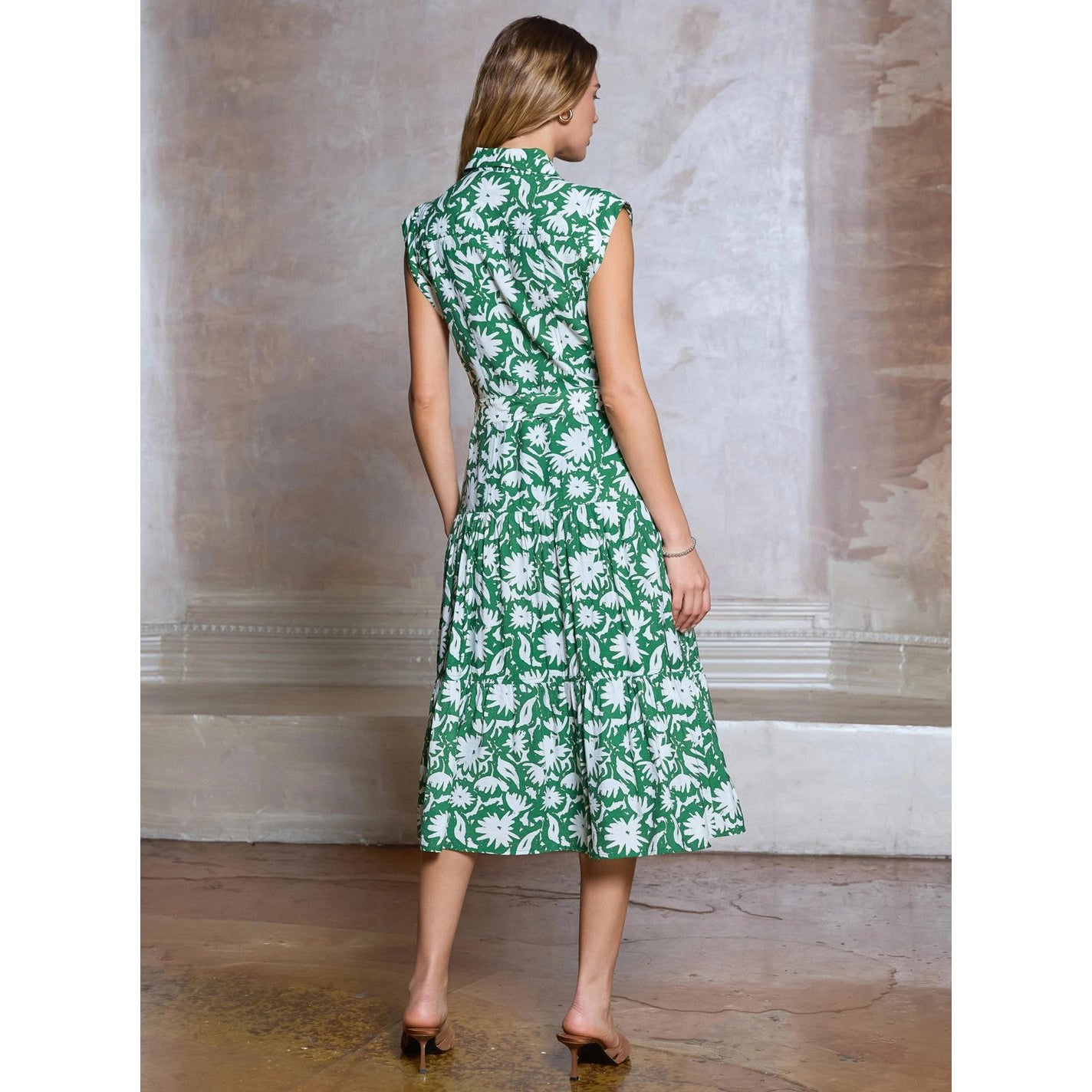 Floral Printed Button Down Midi Dress – Green
