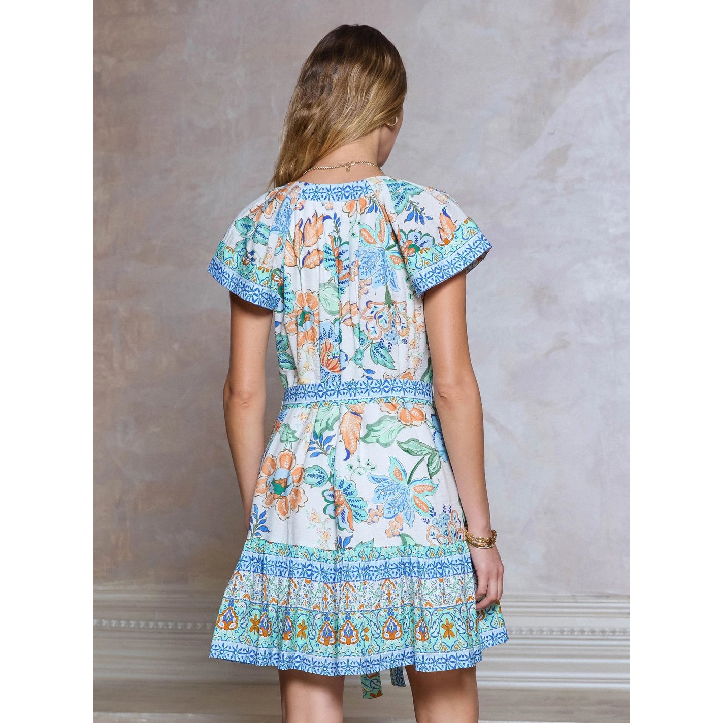 Floral Printed Belted Mini Dress – Blue Multi