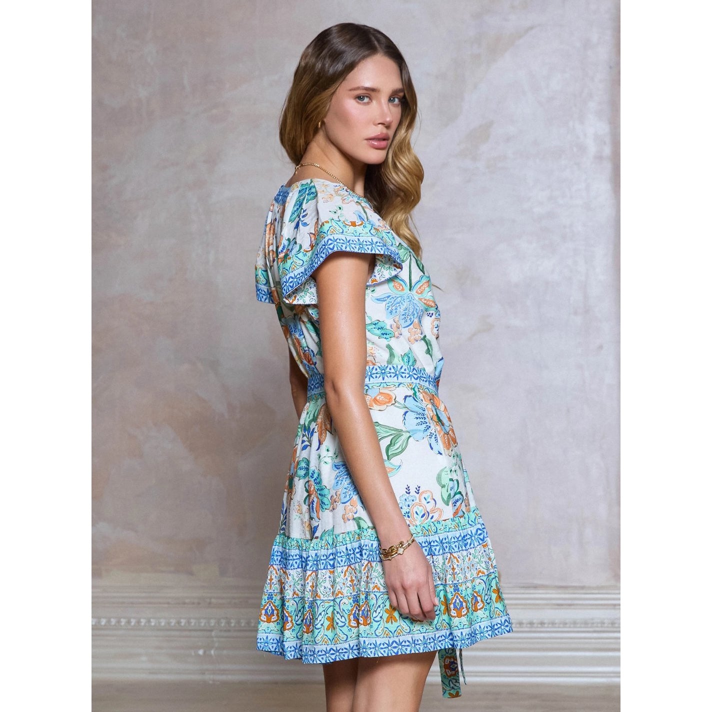 Floral Printed Belted Mini Dress – Blue Multi