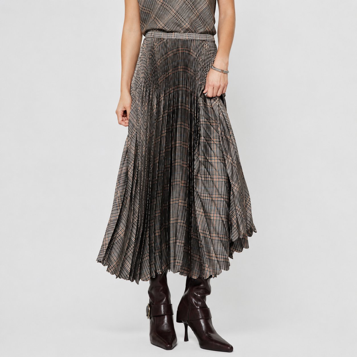 Pleated Plaid Midi Skirt - Multi
