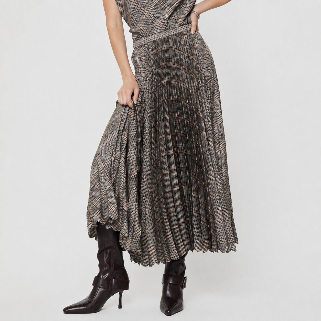 Pleated Plaid Midi Skirt - Multi