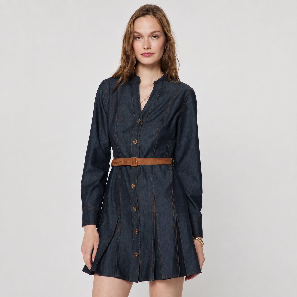 Dark Denim Belted Mini Shirt Dress