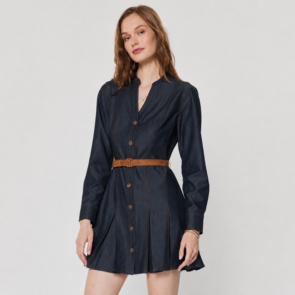 Dark Denim Belted Mini Shirt Dress