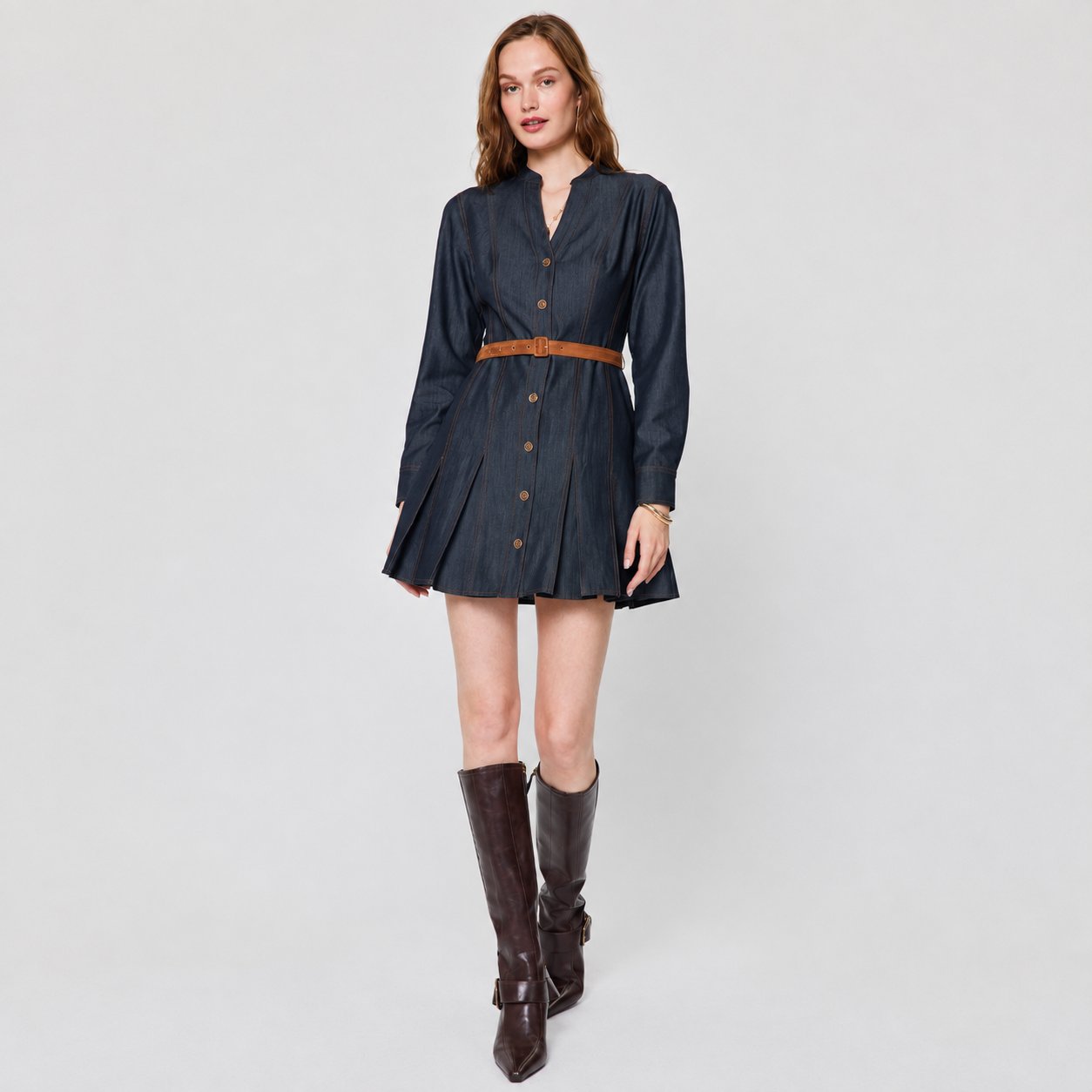 Dark Denim Belted Mini Shirt Dress