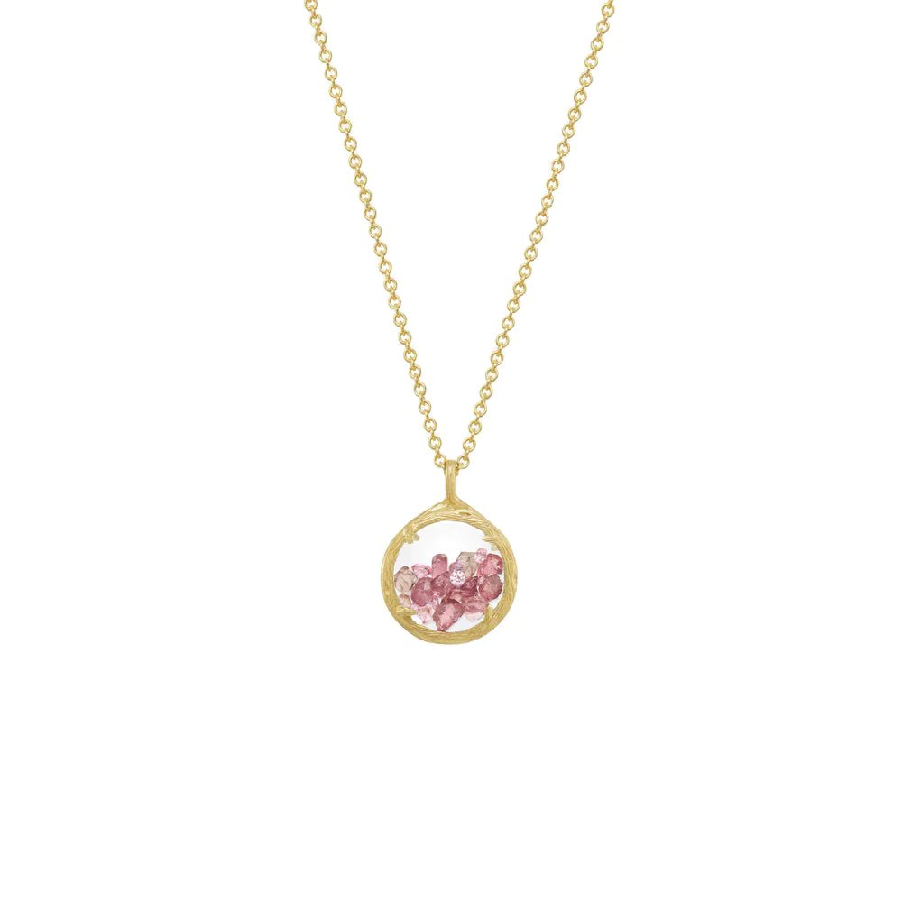 Mini Shaker Birthstone Pendant Necklace - Pink Tourmaline Crystals