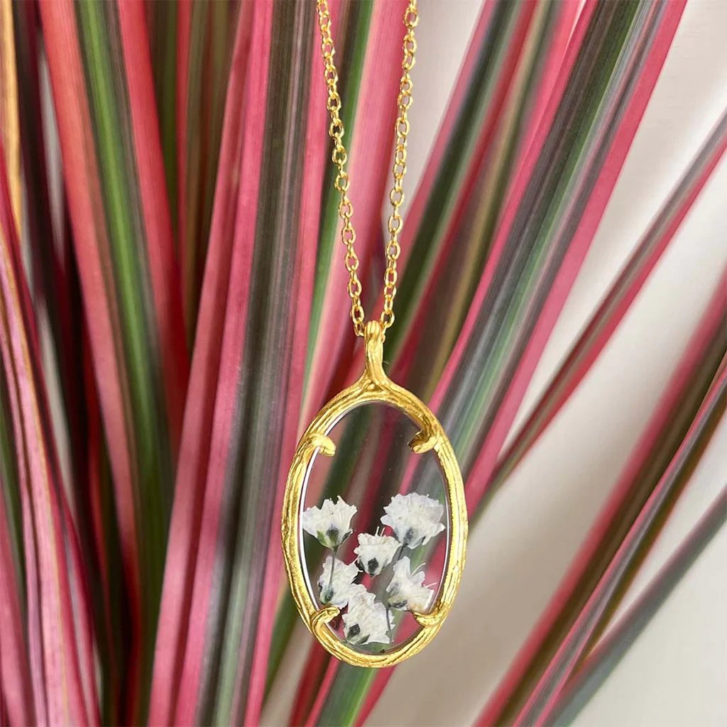 Oval Glass Botanical Pendant Necklace - White Baby's Breath