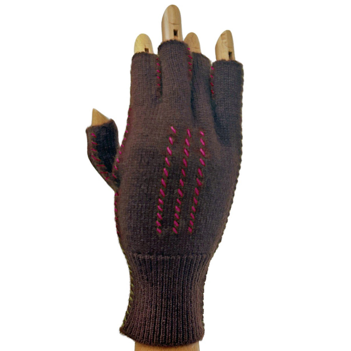 Cashmere Fingerless Stitch Gloves - Chocolate/Rose