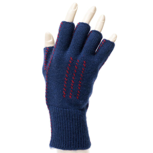Cashmere Fingerless Stitch Gloves - Navy/Red