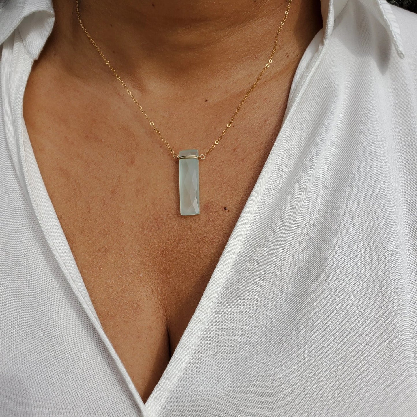 Chalcedony Rectangle Necklace - Gold Fill