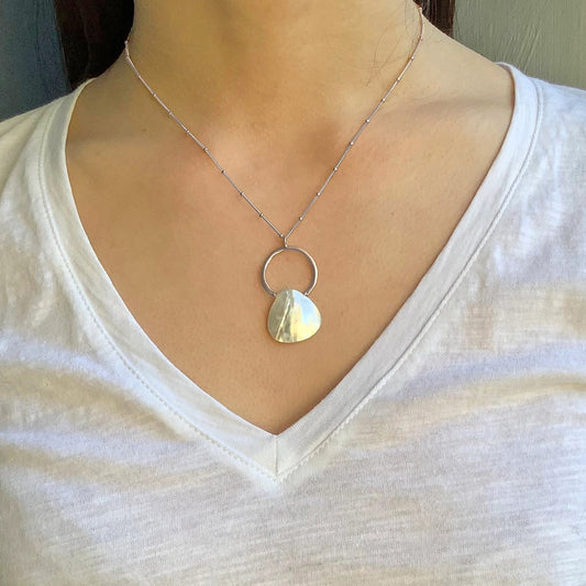 Open Circle with Mother of Pearl Drop Pendant Necklace - Sterling Silver