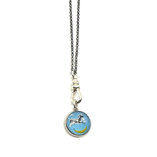 Vintage Reverse-Painted Nursery Rhyme Charm Necklace - The Cow Jumped Over the Moon