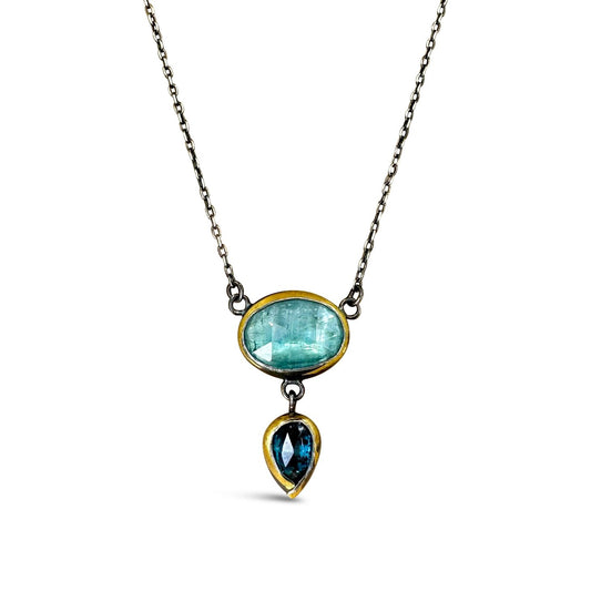 Mixed-Metal 'Crescent Rim' Drop Necklace with Sky Blue Kyanite