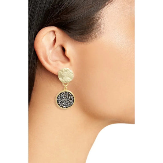 Black Crystal Cluster Drop Clip-On Earrings - Gold