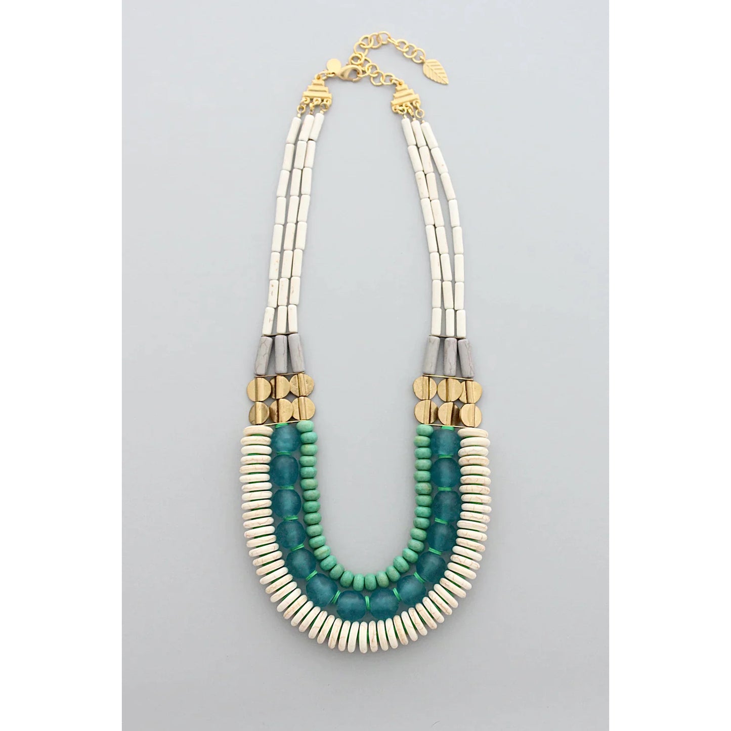 Triple Strand Statement Necklace with Magnesite, Turquoise + Aqua Ghana Glass