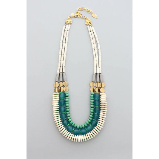 Triple Strand Statement Necklace with Magnesite, Turquoise + Aqua Ghana Glass