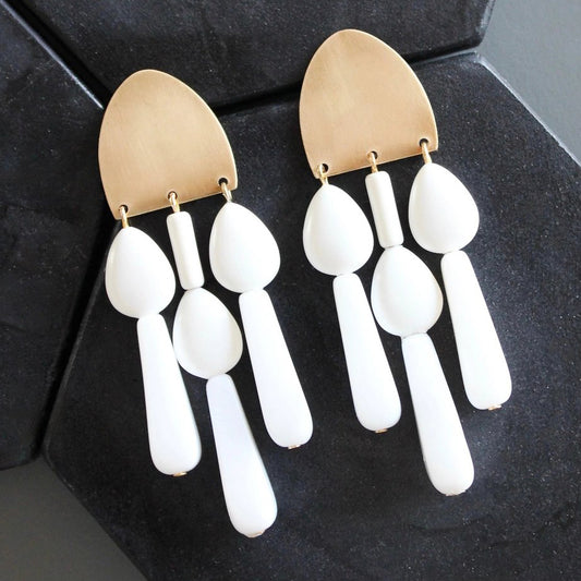 Chalk White Glass + Brass Chandelier Post Earrings
