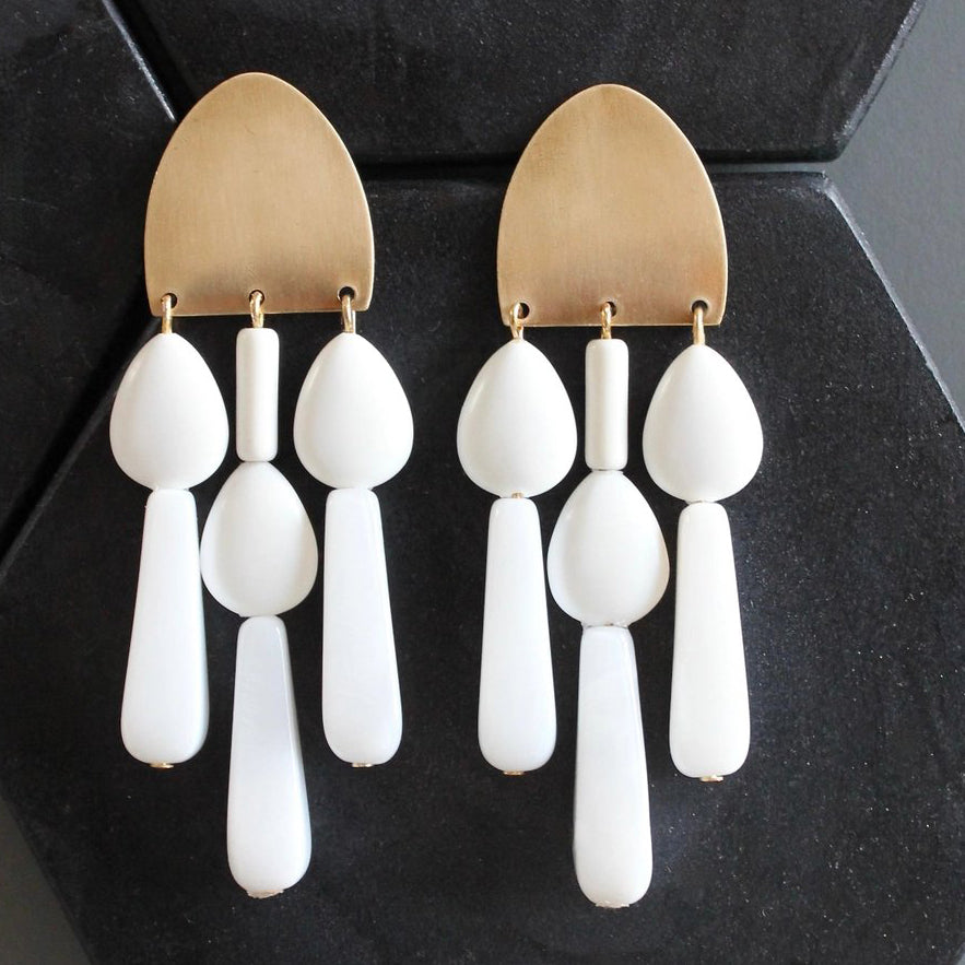 Chalk White Glass + Brass Chandelier Post Earrings