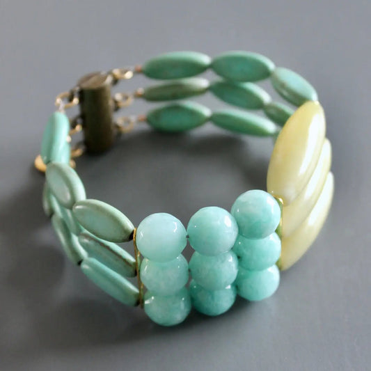Turquoise + Yellow Jade Triple Strand Bracelet